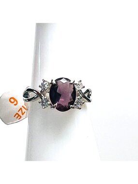 Ring Bomb Party Ring, size 6, purple main stone, CZ style accents, silver color